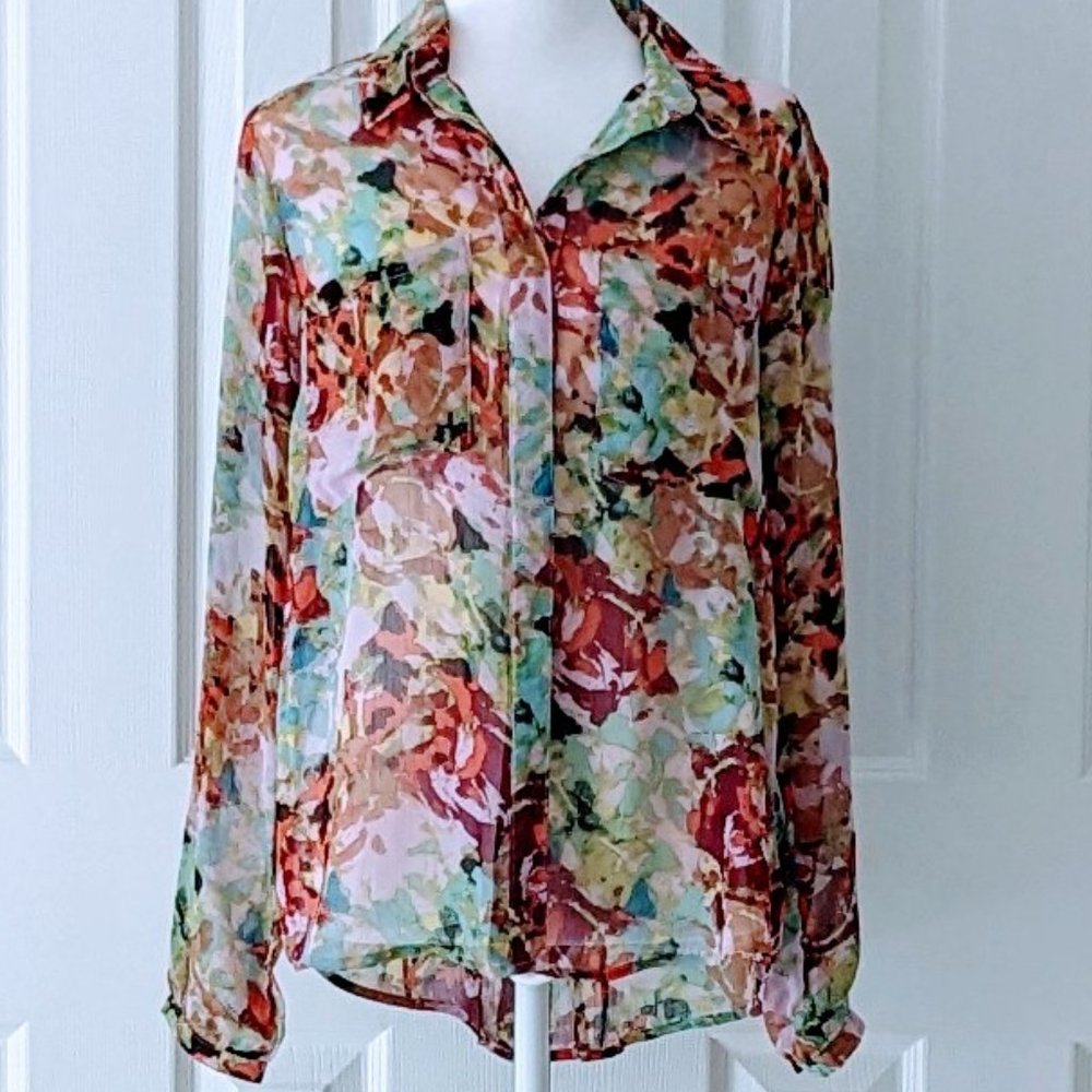 DEMOCRACY Women's Sheer Long Sleeve Blouse Top  Size S MultiColor Print NWOT